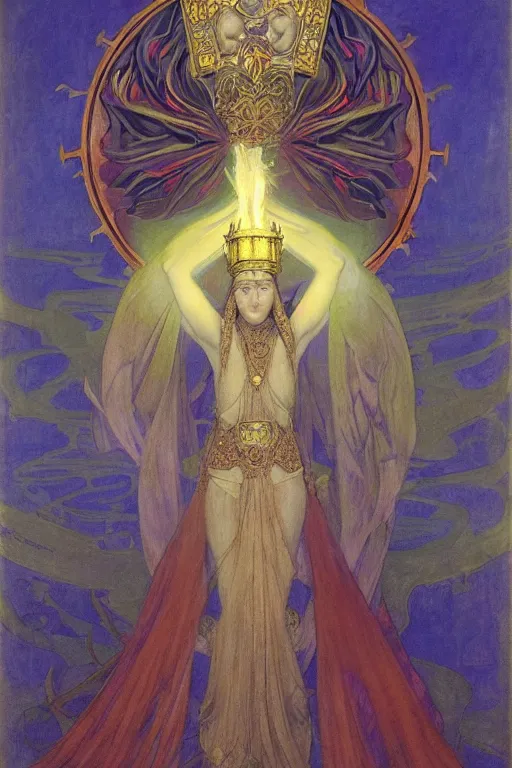 Prompt: queen of the dark angels with her lantern by Annie Swynnerton and Nicholas Roerich and jean delville, strong dramatic cinematic lighting , ornate headdress , flowing robes, lost civilizations, smooth, sharp focus, extremely detailed