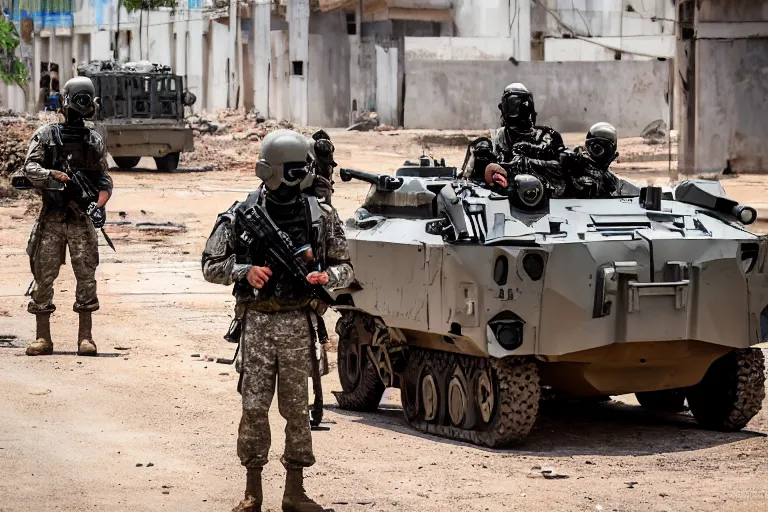 Image similar to Mercenary Special Forces soldiers in grey uniforms with black armored vest and black helmets behind an MRAP in urban warfare in Cambodia as artillery explodes 2022, Canon EOS R3, f/1.4, ISO 200, 1/160s, 8K, RAW, unedited, symmetrical balance, in-frame, combat photography