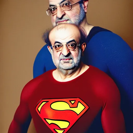 Prompt: kodachrome photographic portrait of author, salman rushdie as superman from the year 3 0 0 0, portrait by annie liebowitz