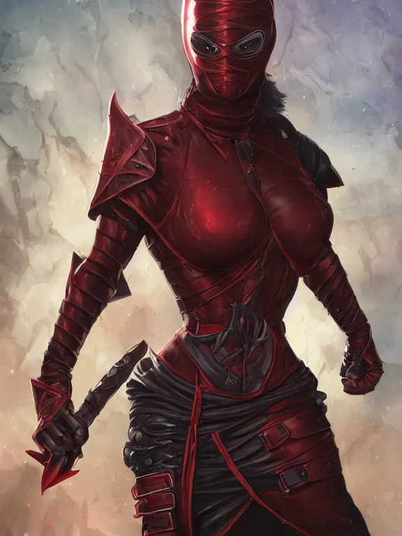 Prompt: a dnd thief, skintight red latex armor, stealth, black blindfold, brown skin, black hair, ponytail, detailed face, beautiful, roof background, highly detailed, sharp focus, smooth, digital illustration, by clyde caldwell