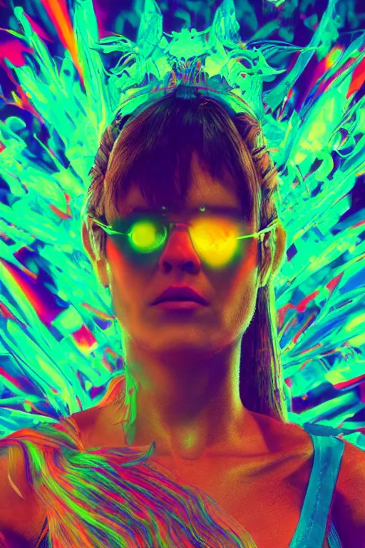 Image similar to a psychedelic close-up shot from below of a beautiful athletic woman with a parrot head, clear dark background, object spotlight, octane render, HD, 8k, hyper realism, beautiful color pallet, epic, synthwave art style