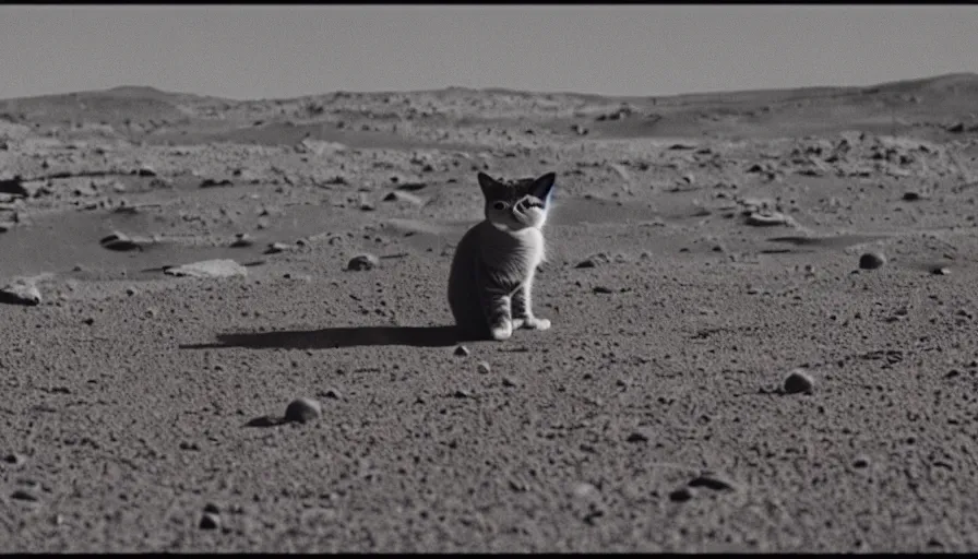 Prompt: cat on mars, movie still, analog film, anamorphic lens