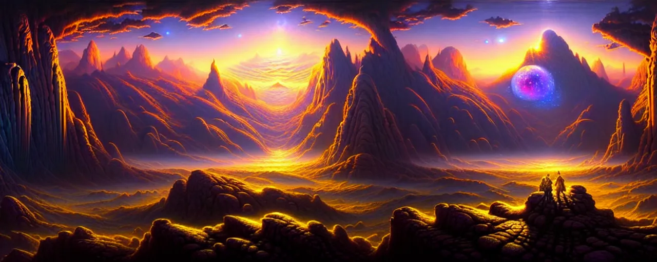 Prompt: spacetime with a beautiful ultra detailed matte painting a lush mountain range at dusk by tomasz alen kopera and Justin Gerard and Dan Mumford, tarot card, dazzling energy, ultra wide angle shot, high angle shot, intricate, fractal magic, rays of god, hyperdetailed, micro details, volumetric lighting, 8k, ray tracing, polarized lens