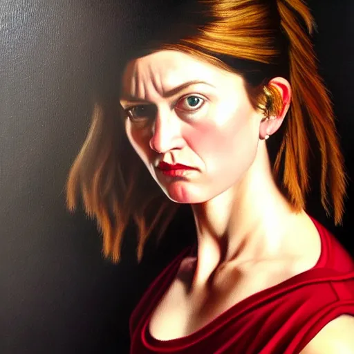 Image similar to hyper realistic oil painting of photo of heather harmon in the style of caravaggio