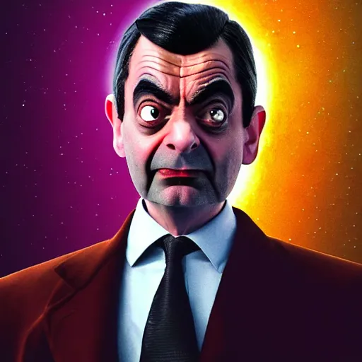 Image similar to mr. bean as thanos from the avengers movie. highly detailed digital painting, movie still. cinematic lighting.! dream mr. bean as thanos from the avengers movie. movie still. cinematic lighting.