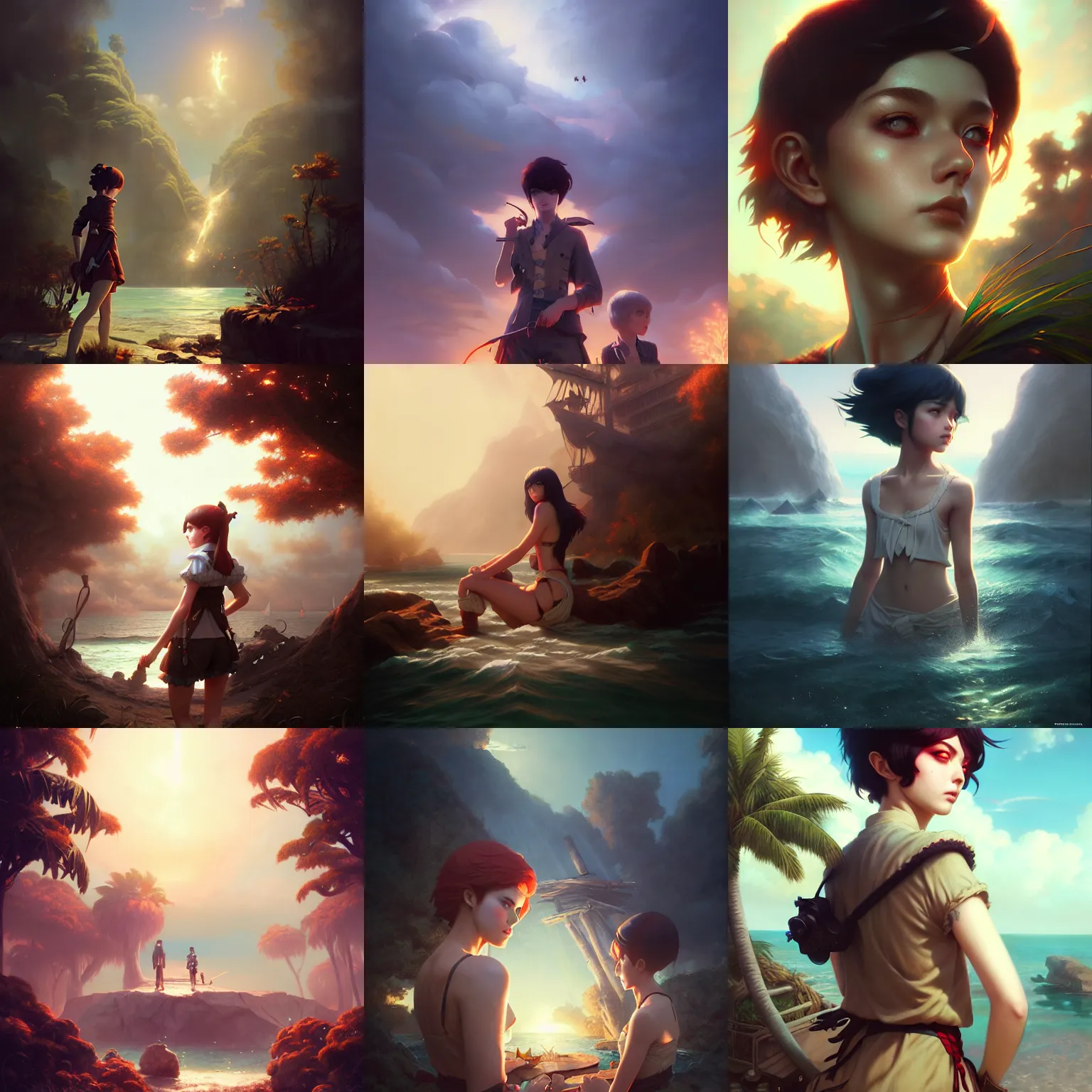 Prompt: treasure island, by tom bagshaw and ilya kuvshinov, rtx rendering, octane render 1 2 8 k, maya, extreme high intricate details by wlop, digital anime art by ross tran, medium shot, composition by sana takeda, dramatic lighting by greg rutkowski