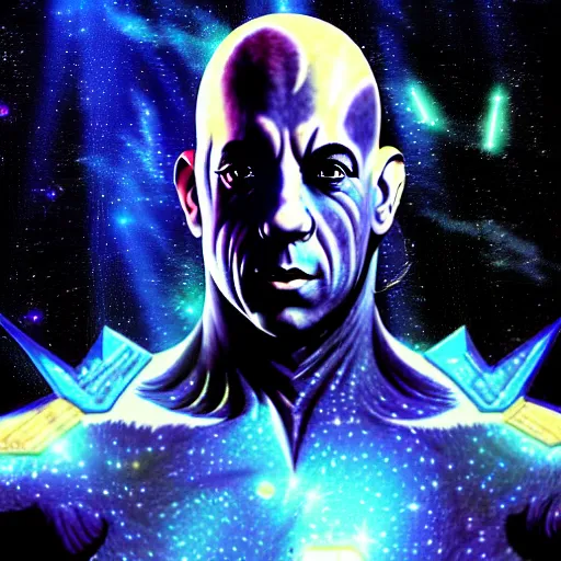 Image similar to an extraterrestrial vin diesel wearing futuristic armor pyramids and galaxies background by ken sugimori and junji ito in the style of dark fantasy, award - winning art, artstationhd