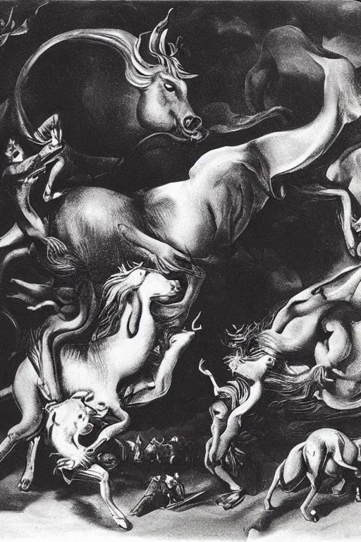 Image similar to Orpheus charming the beasts. Engraving by Salvador Dali