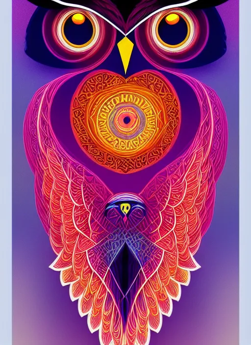 Image similar to symmetry!! product render poster vivid colors divine proportion owl, 神 圣, glowing fog intricate, elegant, highly detailed, digital painting, artstation, concept art, smooth, sharp focus, illustration,