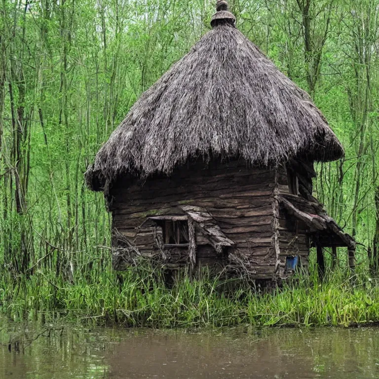 Image similar to a witches hut in a swamp