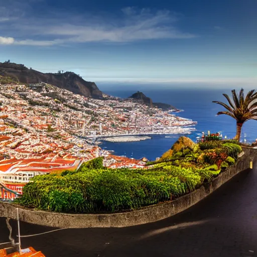 Image similar to madeira island, funchal, the bay, very very wide shot, realism, cinematic shot