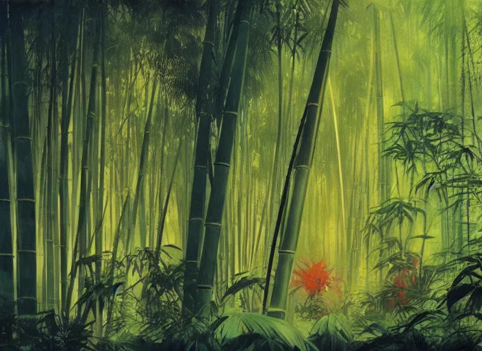 Image similar to bamboo forest, intricate, elegant, highly detailed, vivid colors, john harris, frazetta, tyrus wong, ruan jia, jeffrey catherine jones