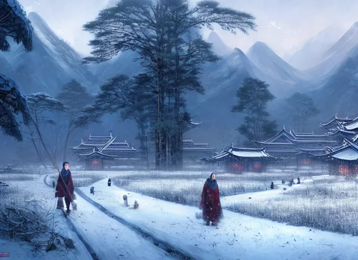 Image similar to beautiful chinese forest and a alaskan tundra snow covered landscape, with a quant village peaceful painted by greg rutkowski, makati shinkai, james gurney, wlop