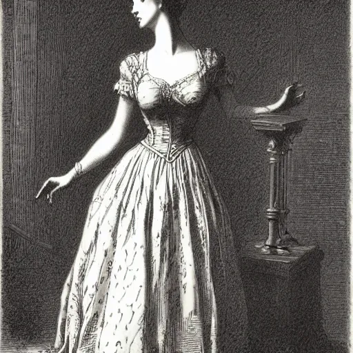 Prompt: Woman in a victorian dress, dramatic light, high contrast, illustration by Paul Gustave Doré