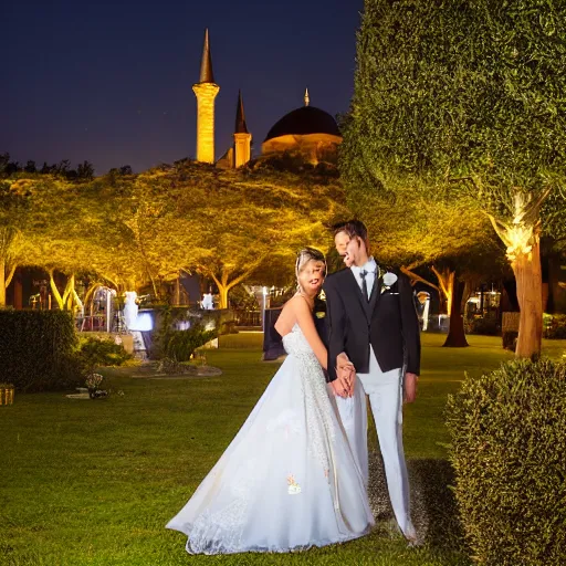 Prompt: Bride and Groom marrying in a garden, with a majestic Ottoman palace in the background, at night, well lit sky, luxury, luxurious wedding, Ottoman Empire era, gold, photorealistic, ultra-detailed, 4k high resolution, HDR shot