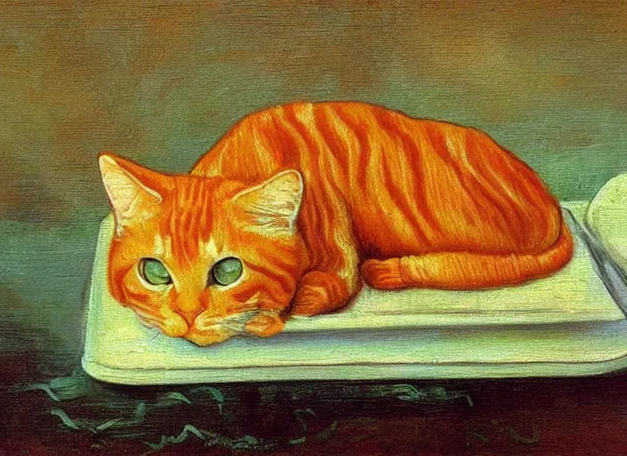 Image similar to detailed realistic realism painting of lasagna that looks like an orange tabby cat, at dusk, in the style of vincent van gogh and salvador dali and leonardo da vinci