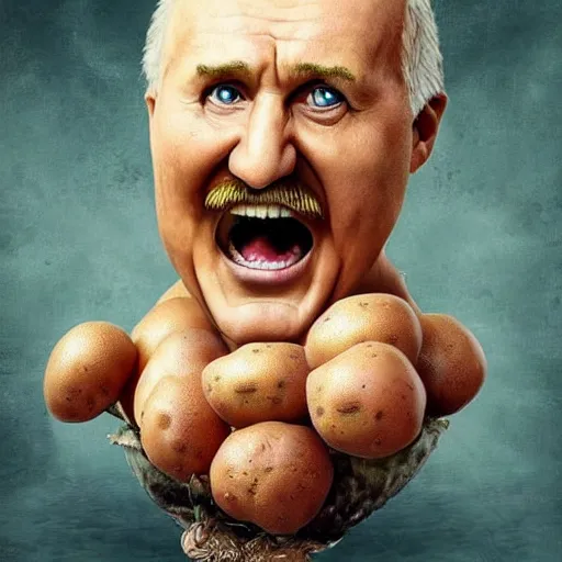 Image similar to mildly epic portrait of lukashenko as the god of potatoes, creator of despair