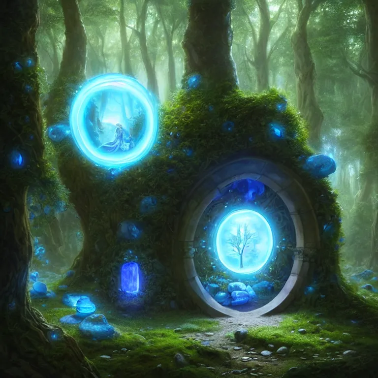 Image similar to Fantasy Magical fairy-tale glowing blue stone portal in the forest. Round stone portal teleport in trees to other worlds. Fantastic landscape. Magic Altar in the fores, highly detailed, digital painting, artstation, concept art, smooth, sharp focus, illustration, art by artgerm and greg rutkowski and alphonse mucha