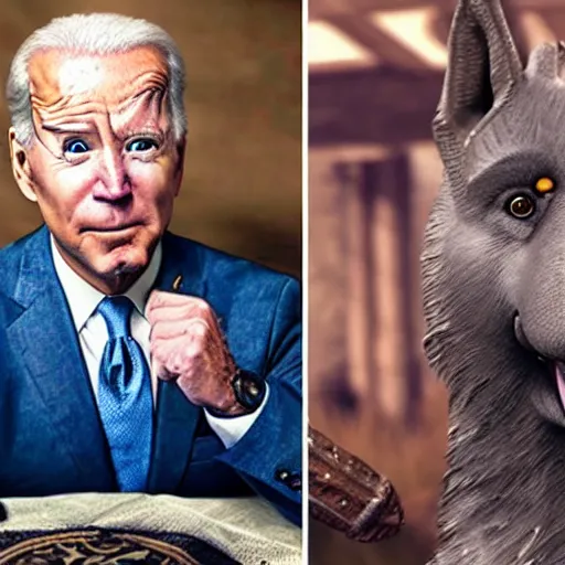 Prompt: Joe Biden in Skyrim with Doge, realistic render