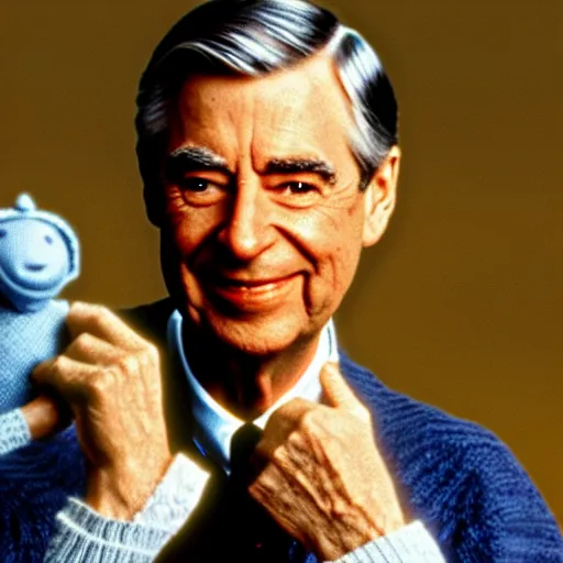 Prompt: Mister Rogers holding a devil puppet on his hand