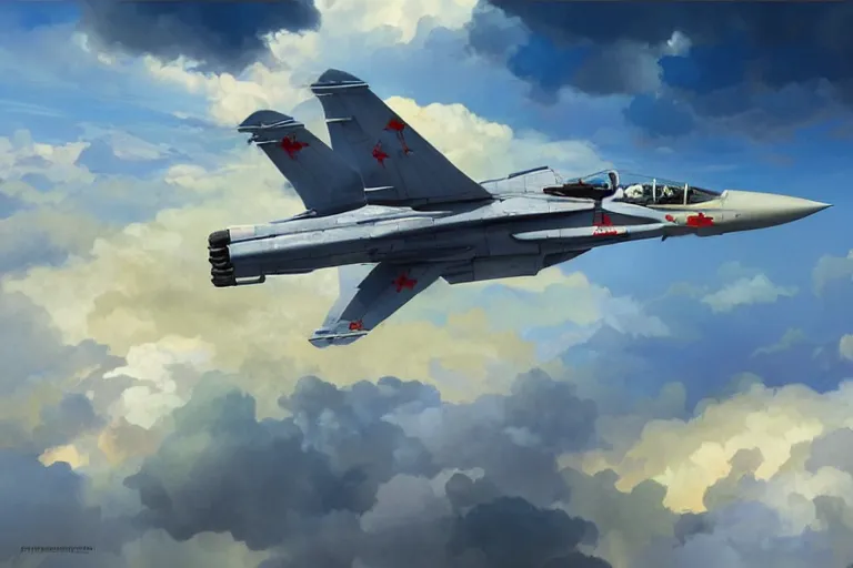 Image similar to Mikoyan MiG-29 flying in the sky, blue sky, white clouds, highly detailed, digital painting, artstation, concept art, sharp focus, illustration, art by artgerm and greg rutkowski and alphonse mucha