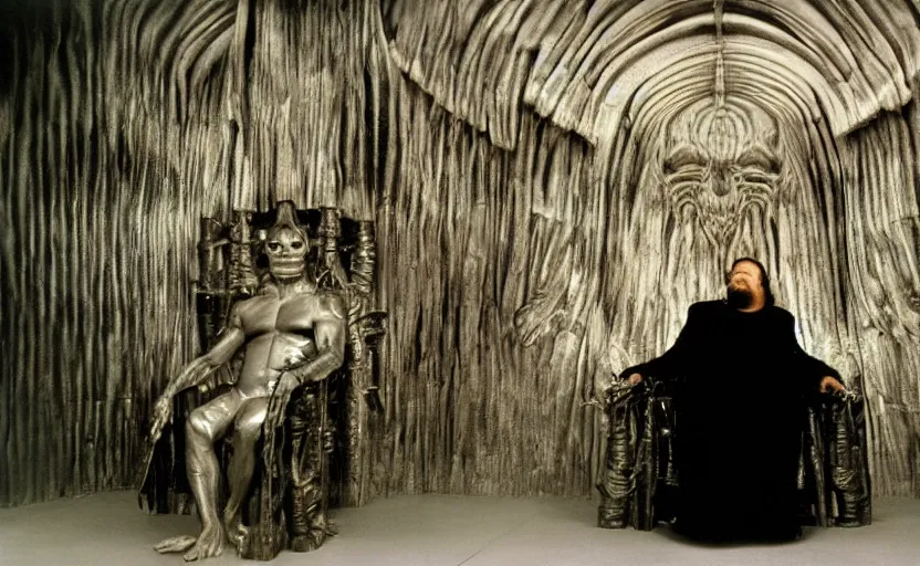 Image similar to chunky orson welles sitting on a dark throne, in an alien room by hans giger, film still from the movie by alejandro jodorowsky with cinematogrophy of christopher doyle and art direction by hans giger, anamorphic lens, kodakchrome, very detailed photo, 8 k