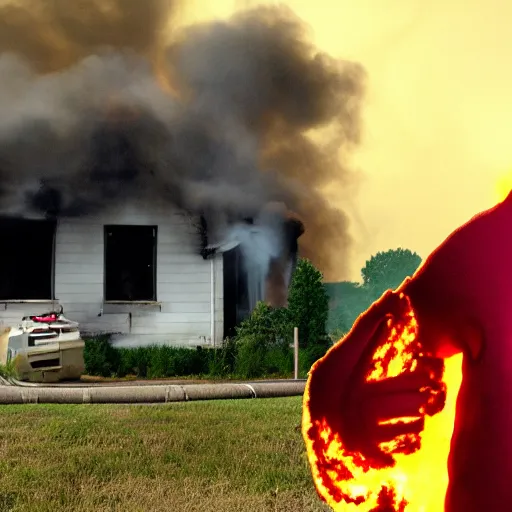 Prompt: a photo of a house burning down in the background and the kool - aid man with an eerie expression in the foreground, strong depth of field