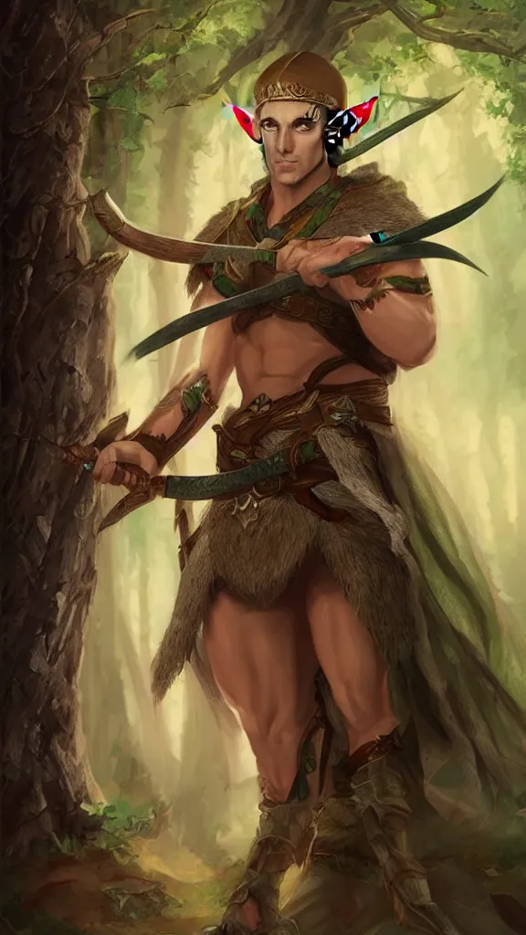 Image similar to beautiful strong male elf archer portrait, magical forest background, trending on artstation, award - winning