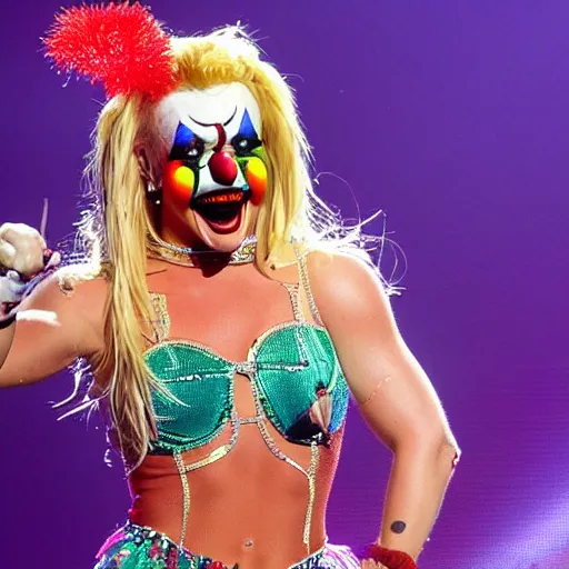 Prompt: a photo of britney spears dressed as a clown for her latest concert tour