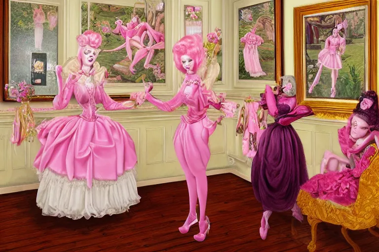 Image similar to Angelyne fights a clone of herself in the tea room, painted by mark ryden