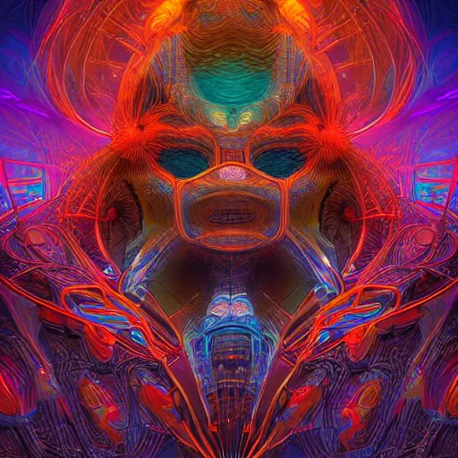 Image similar to Face of a Alien Deity, centered, corals, plume made of geometry, epic proportions, extremly detailed digital painting, sharp focus in the style of android jones, artwork of a futuristic artificial intelligence superstar with frames made of detailed circuits, mystical colors, rim light, beautiful lighting, 8k, stunning scene, raytracing, octane, under water visual distortion, dark tones colors, trending on artstation