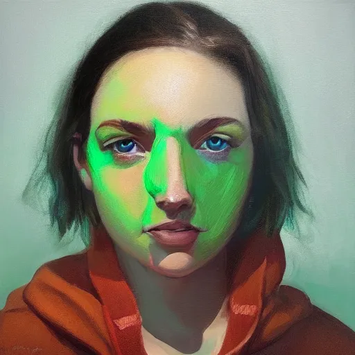 Image similar to woman with freckles, 1 8 0 pounds, short brown hair, green eyes, wearing a grey hooded sweatshirt, trending on artstation, oil painting, volumetric light