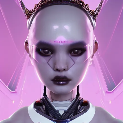 Image similar to portrait of an alien princess, style of Feng Zhu, Artstation geometric, aesthetic, smooth skin, unique features, symmetrical, intricate crown, high fashion, streetwear, cyberpunk, detailed, octane render, cinematic, 8k, opalescent skin,