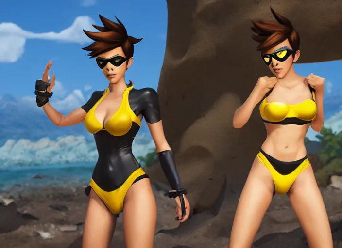 Image similar to tracer game character, in yellow bikini, blonde hair, black eyes, full height