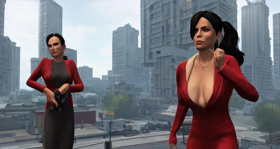 Image similar to Screenshot of Lana Kane from the show Archer as a 3d NPC in the videogame 'Hitman 3' (2021). Beautiful high-rise environment. Gorgeous level. Fancy dress. Sharpened. 4k. High-res. Ultra graphics settings.