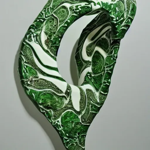 Image similar to a ceramic sculpture of some kind of plant in a glazed serpent frame with a white wall behind it and swirling green plants in the center by cleo sjolander