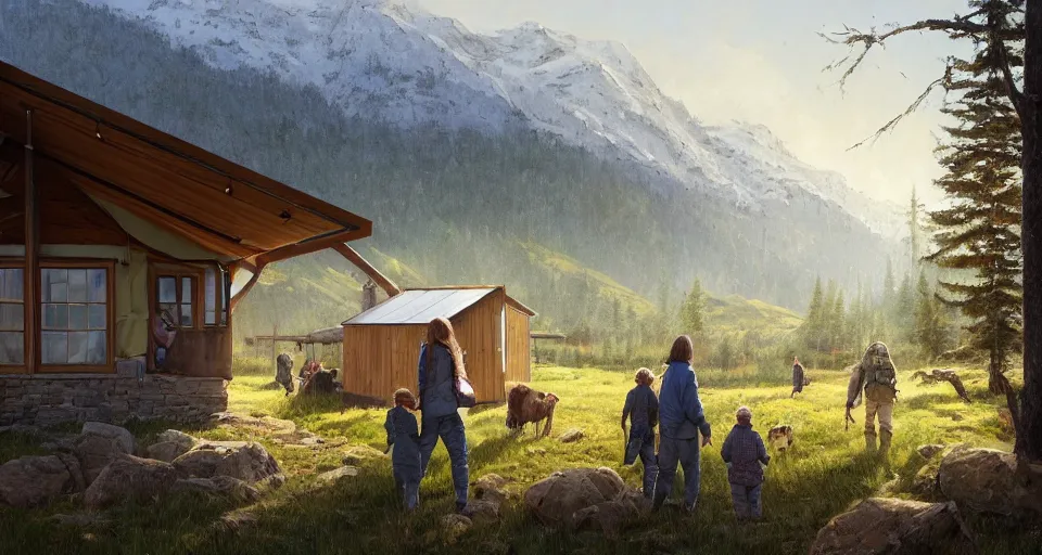 Image similar to cabela's beautiful comfortable modular insulated wall kit - house all weather family dwelling tent house, person in foreground, mountainous forested wilderness open fields, beautiful views, painterly concept art, joanna gaines, environmental concept art, farmhouse, magnolia, concept art illustration, by james gurney, by craig mullins, by greg rutkowski trending on artstation