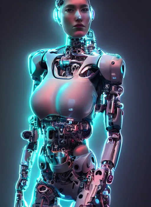 Prompt: photorealistic detailed full body picture of a female cyborg, pretty face with arms and legs, glamour pose, neon lights, humanoid, extreme, uhdr, book called the most influental cyborg in 2 0 5 0, fine details, highly detailed, intricate, smooth sharp focus, symmetrical features, environmental portrait