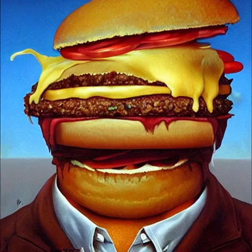 Prompt: portrait of bill gates consuming a giant hamburger. painting by, karol bak, greg hildebrandt, and mark brooks, hauntingly surreal, gothic, rich deep colors.