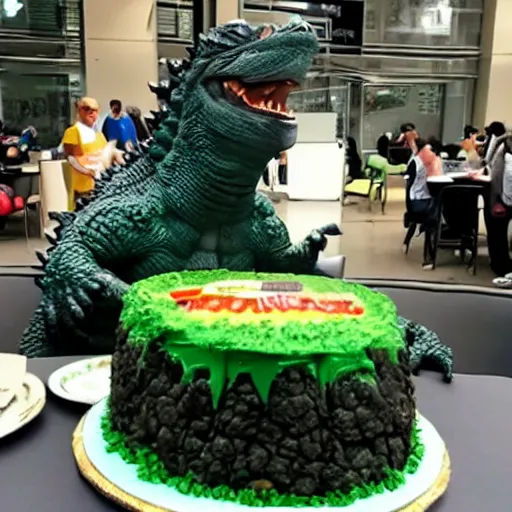 Image similar to godzilla eating a piece of cake