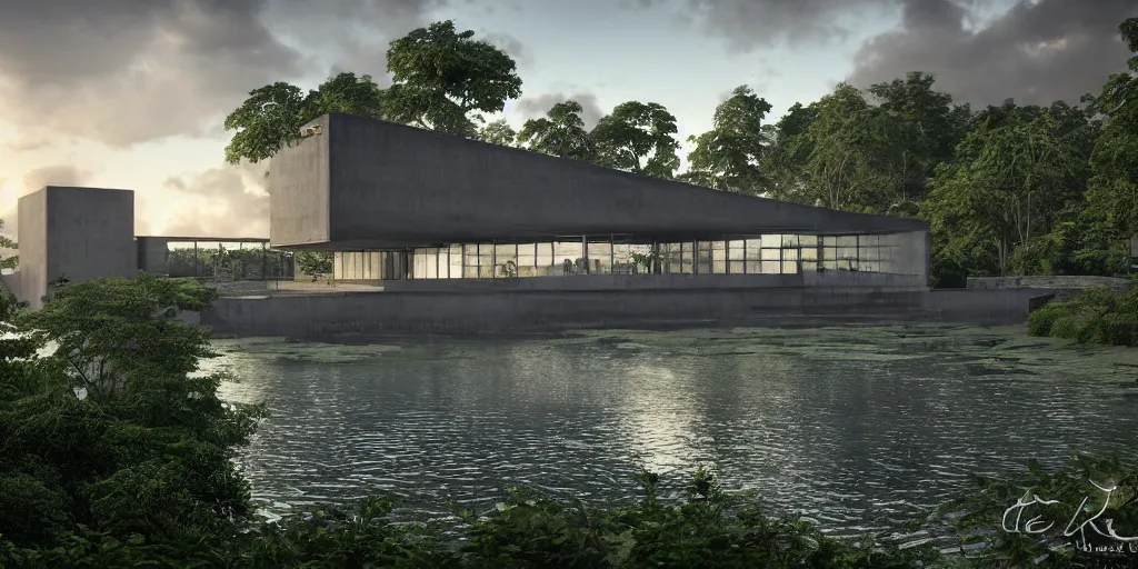 Prompt: a stunningly detailed arts center designed by Le Corbusier, surrounded by lush green forest, ponds of water, stunning volumetric lighting, sunset, metal, concrete, stunning skies, trending on Artstation, 8k, photorealistic, hyper detailed, unreal engine 5, IMAX quality, cinematic, epic lighting, in the style of Greg Rutkowski