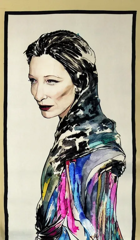 Prompt: cate blanchett , hanging scroll, ink and colours on silk,