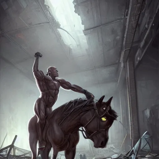 Image similar to a monstrously muscular anthropomorphized male horse wearing tight kevlar standing in the ruins of a facility, furry art, furaffinity, highly detailed, digital painting, artstation, concept art, magic the gathering, illustration by artgerm, greg rutkowski, wlop