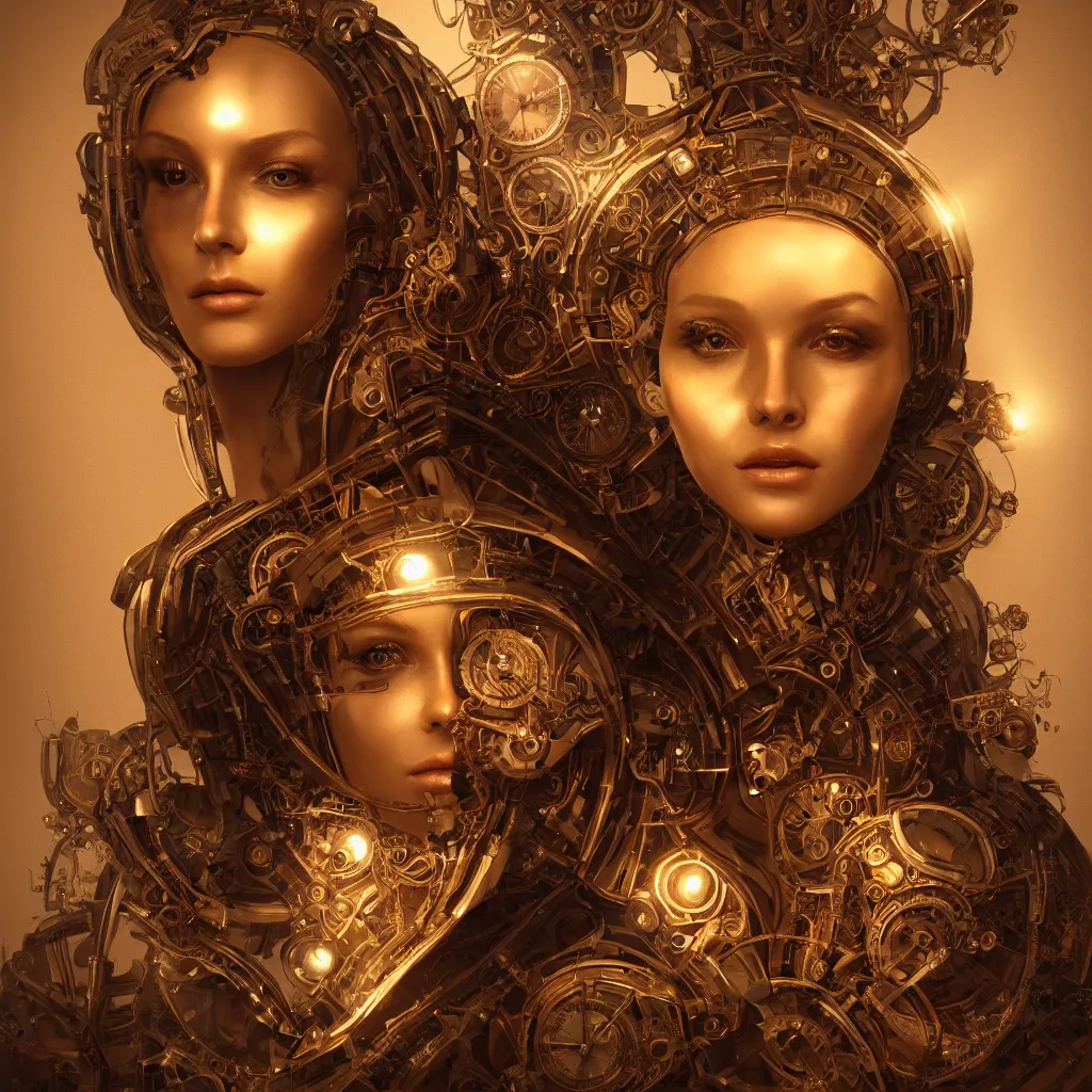 Prompt: portrait android woman time machine beautiful symmetrical face axonometric mechanical fantasy intricate elegant highly detailed, in volumetric void of latent space, golden steampunk, high contrast cinematic light, mystical shadows, digital painting, smooth, sharp focus, divine realm of gods, octane render, photographic, concept art, artist leonardo davinci, unreal engine 8 k