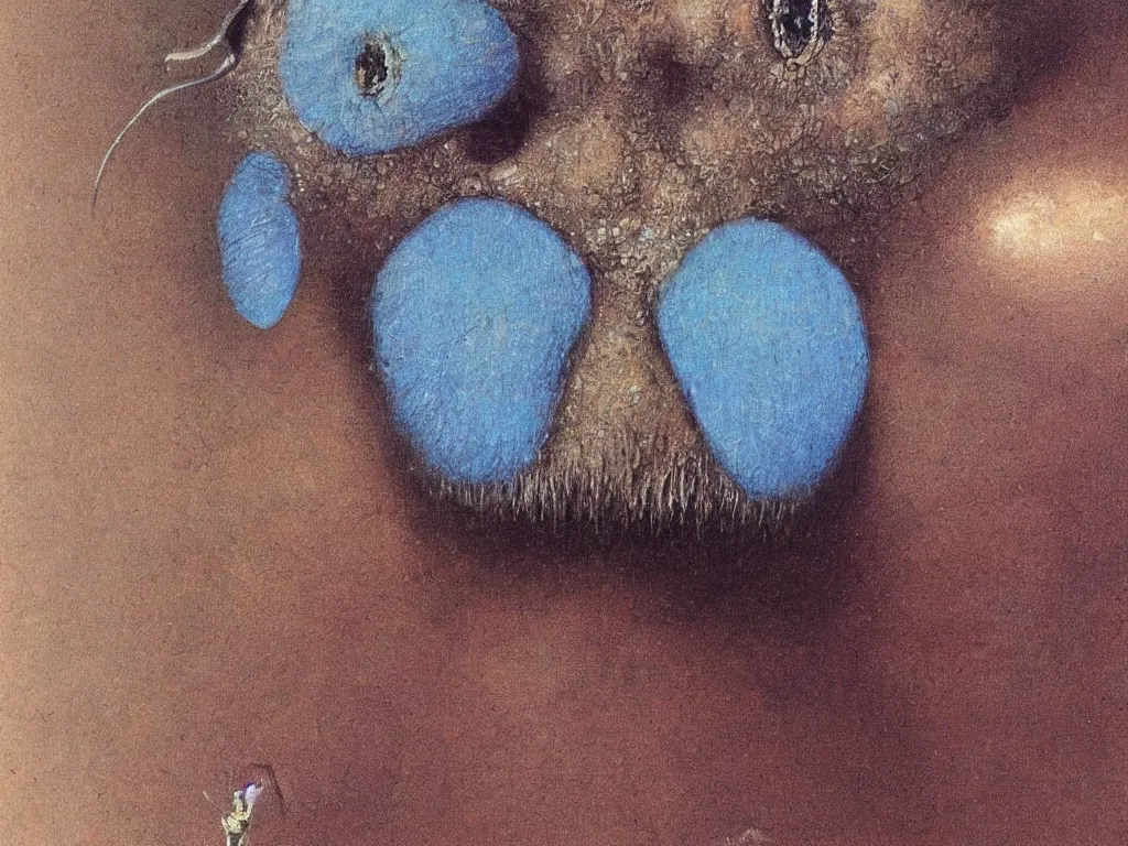 Prompt: Close up of the face of a blue strange puffy moth. Painting by Beksinski, Barlowe, Walton Ford