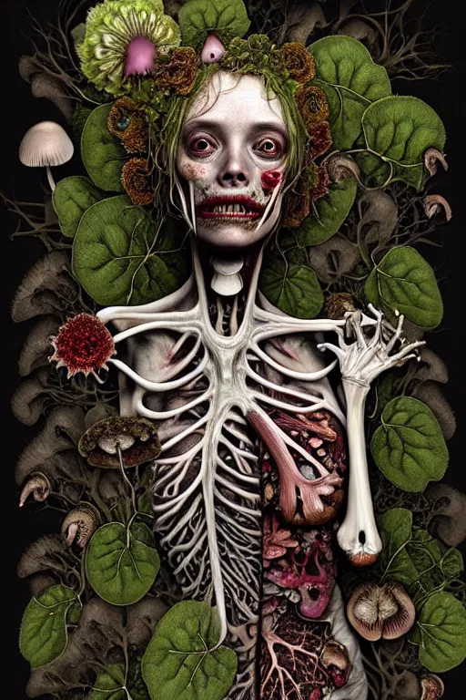 Image similar to very sad and detailed rotten woman corpse with fractal plants and fractal flowers and mushrooms growing around, face muscles, veins, arteries, bones, anatomical, intricate, ornate, surreal, ray caesar, john constable, guy denning, dan hillier