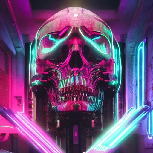 Prompt: Cyberpunk FantasyCore Kowloon giant skull, neon electronic, rendered in Lumion Pro, Autodesk Solidowkrs Visualize, Maya, and Cinema 4D by Iwan Baan, Greg Rutkowski, Ted Gore, Dustin Lefevre, and Jaya Su Berg, trending on artstation, cgsocciety r/art