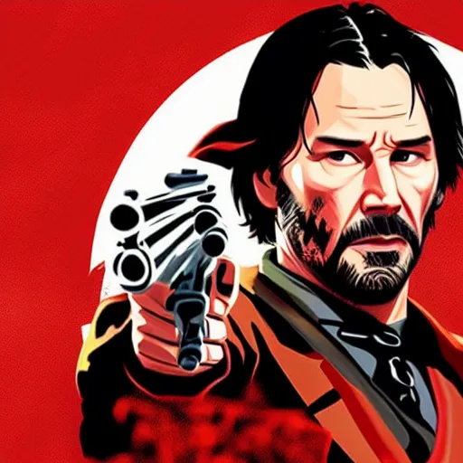 Image similar to Keanu Reeves as a Red Dead Redemption 2 character, dressed as a Western sheriff, game box art