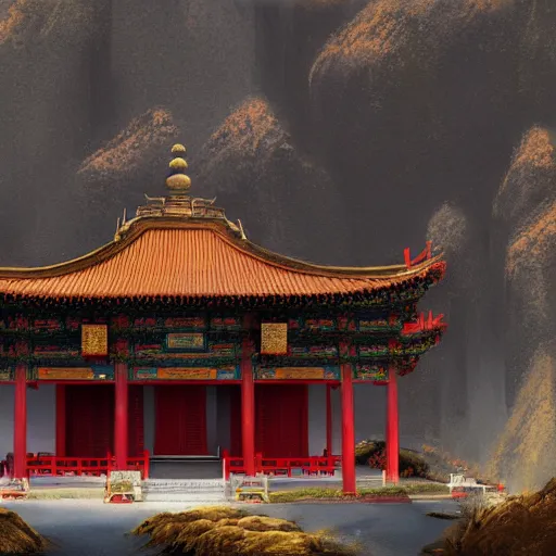 Image similar to A digital painting of a chinese temple in the mountains, by Greg Rutkowski, trending on Artstation