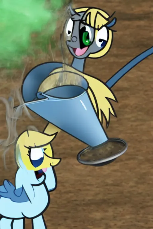 Image similar to Derpy Hooves is dousing a server fire using a watering can